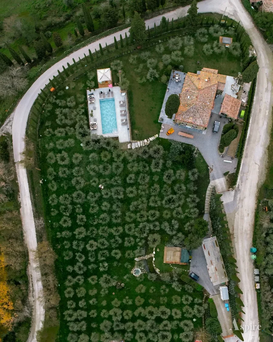 Overhead drone view looking straight down on a villa and its grounds