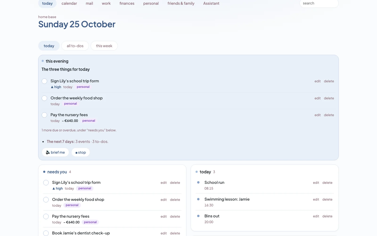 Today view listing three priorities and the day ahead