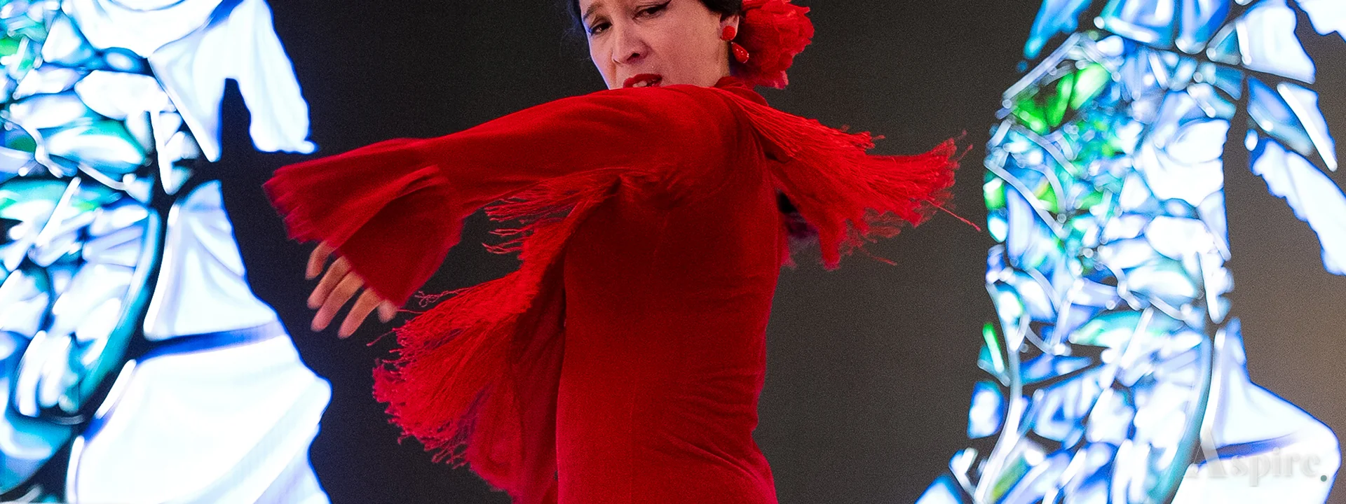 A flamenco performer under stage light in front of an LED backdrop